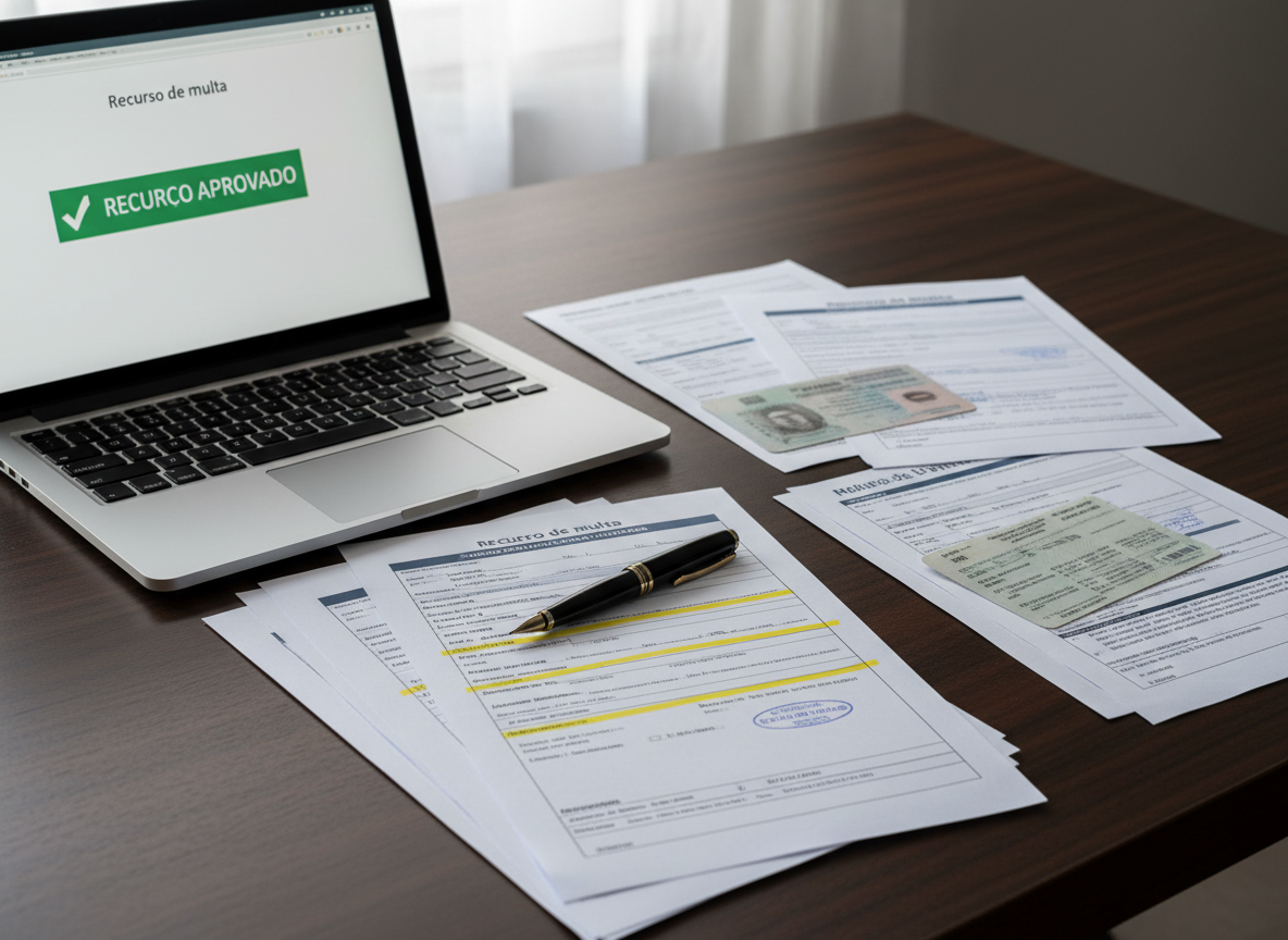 A neatly organized stack of official Brazilian traffic documents and multa notifications laid out on a dark walnut office desk, next to a sleek silver laptop displaying a clear, approved “recurso de multa” form on screen. A high-quality black fountain pen rests diagonally across a printed appeal, with highlighted sections and neatly stamped protocol numbers. Soft, indirect daylight from a nearby window washes over the desk, creating gentle reflections on the laptop and subtle shadows around the papers. Photographed at eye level with a slight angle, in sharp focus, the scene feels professional, trustworthy, and precise, with a clean, modern, photographic realism ideal for a traffic law specialist’s homepage.
